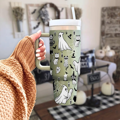 Petthouse | Halloween Ghost Doodles  40oz Tumbler, Spooky Black Stainless Steel Cup, Ghost Cute Spooky Season