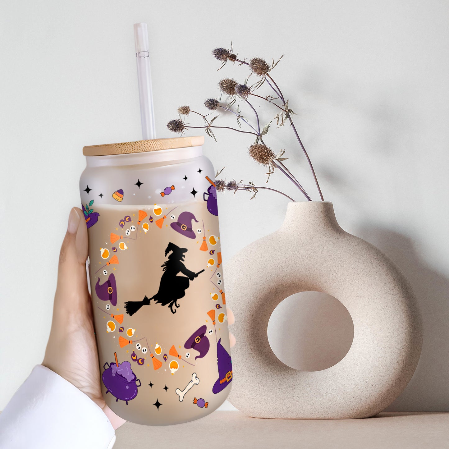 Petthouse | Halloween Vibes Glass Can, Witch Halloween Glass Cup, Cute Ghost Ice Coffee Cup, Halloween Gift