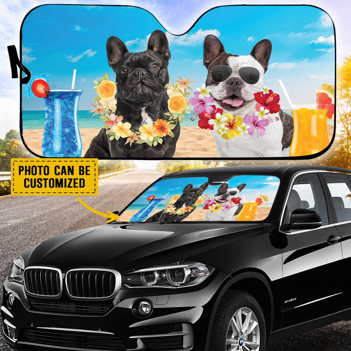 Petthouse | Dog Sunshade Custom Photo Personalized French Bulldog Summer Vibes Car Sun Shade Windshield