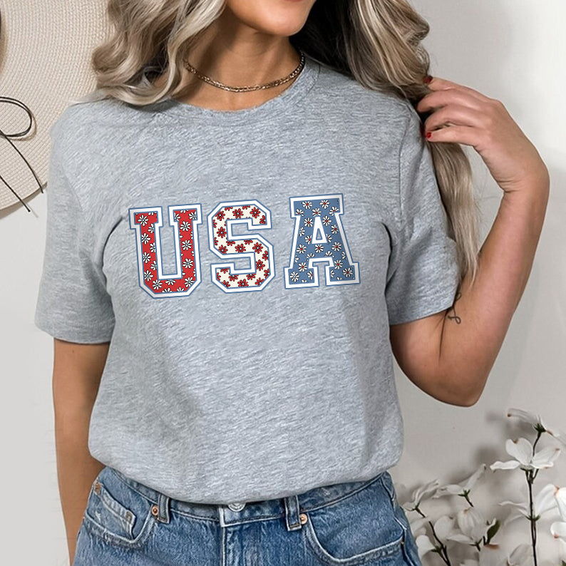 Petthouse | 4th Of July Usa Floral Flowers Shirt, Independence Day Women Tee