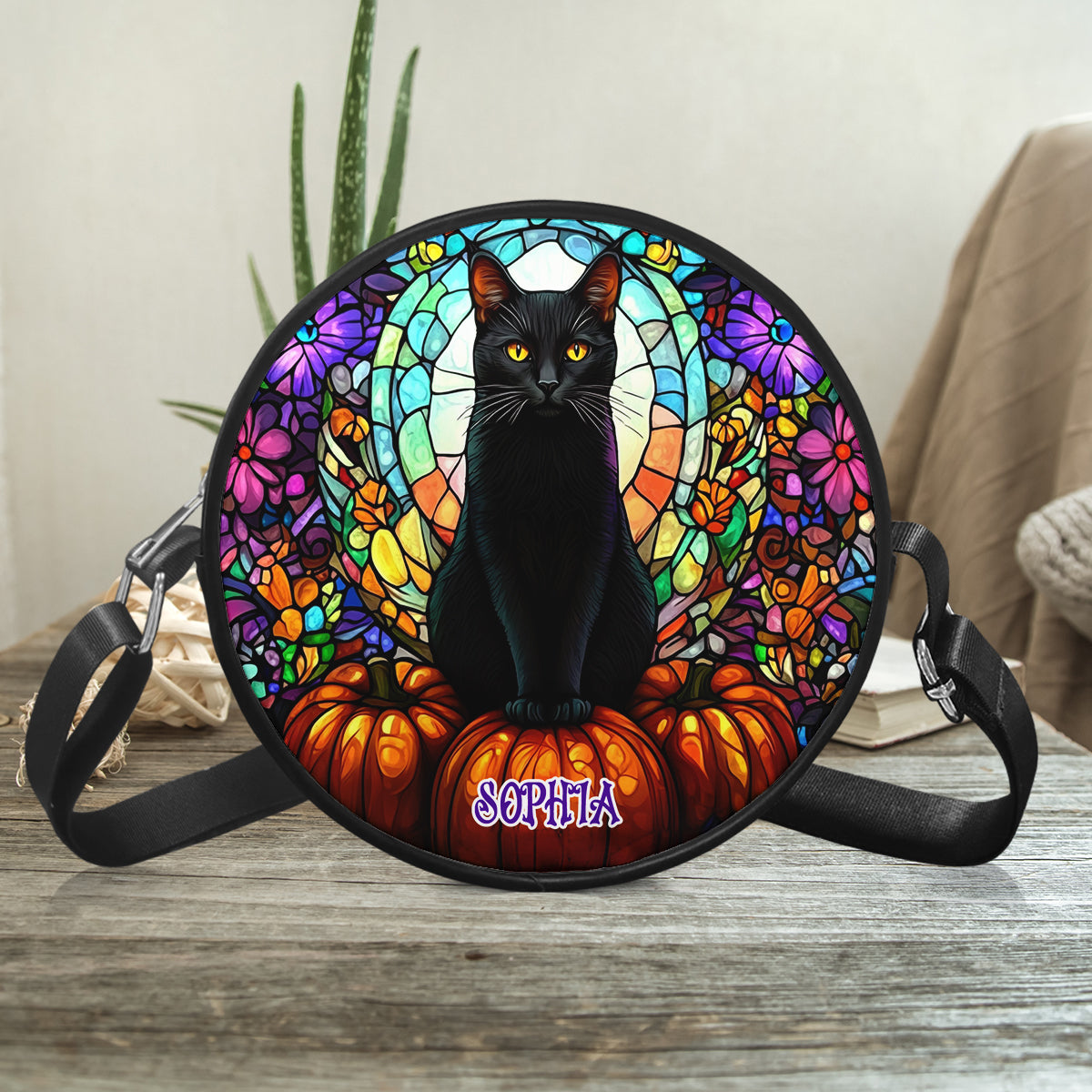 Petthouse | Personalized Black Cat Stained Glass Pattern Halloween Leather Handbag Wallet, Halloween Black Cat Handbag, Halloween Gift