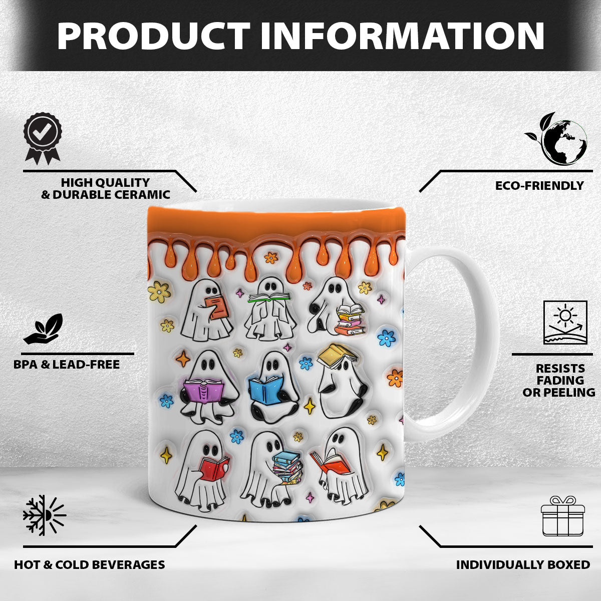 Petthouse | Ghost Reading Book 3d Inflated Mug, Halloween Spooky Reading Ghost Mug, Cute Reading Ghost