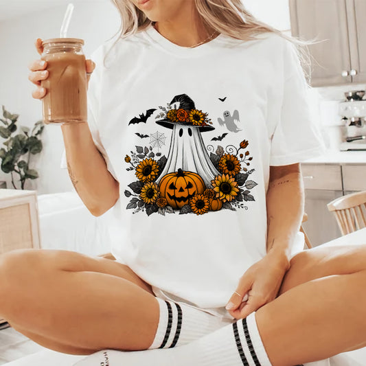 Petthouse | Cute Ghost Pumpkin Shirt, Floral Witch Ghost Pumpkin Shirt, Fall Autumn Halloween