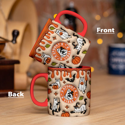 Petthouse | Halloween Cat Spooky Vibes Mug, Ghost Cat Halloween Inflated 3d Ceramic Mug, Spooky Vibes Mug