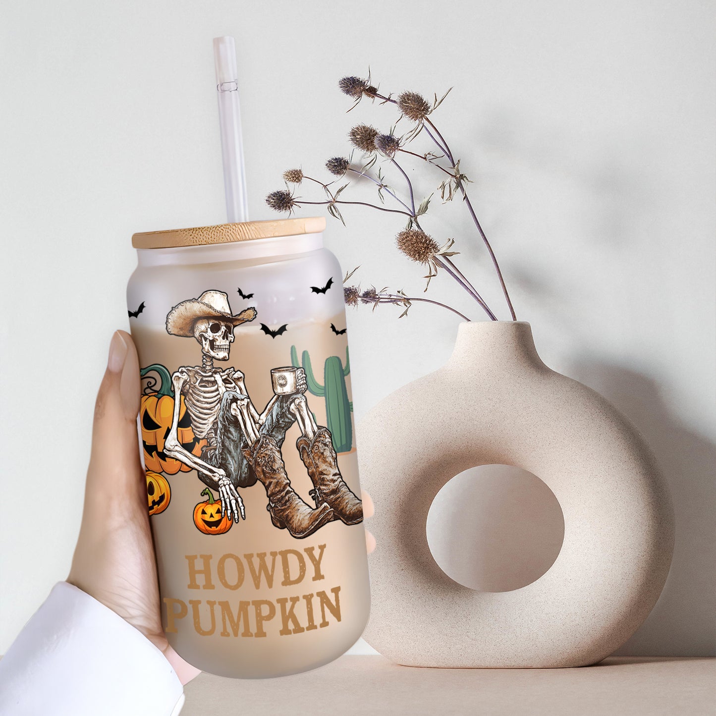 Petthouse | Cowboy Skeleton Drink Coffee Glass Can, Spooky Season, Howdy Pumpkin Glass, Skeleton Libby