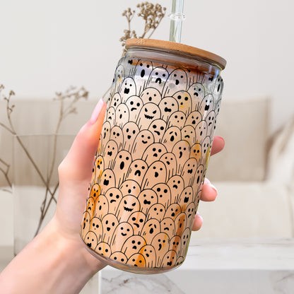 Petthouse | Cute Ghosts Beer Can Glass, Iced Coffee Glass, Halloween Glass Can With Bamboo Lid, Spooky Season