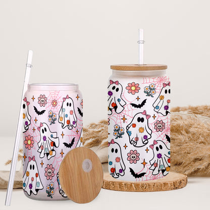 Petthouse | Spooky Ghost Glass Can, Retro Groovy Flowers Ghost Halloween Glass Cup, Ghost Spooky Vibes