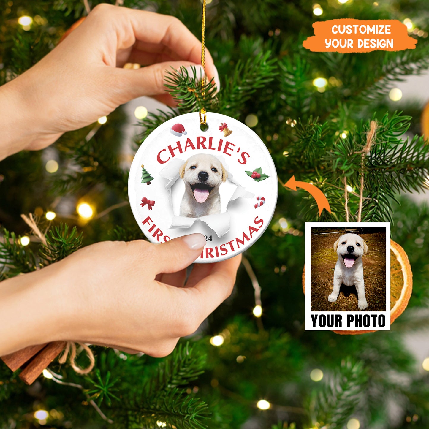 Petthouse | Personalize Dog Photo Ornament, Dog First Christmas, Dog Happy Anniversary, Custom Photo And Text