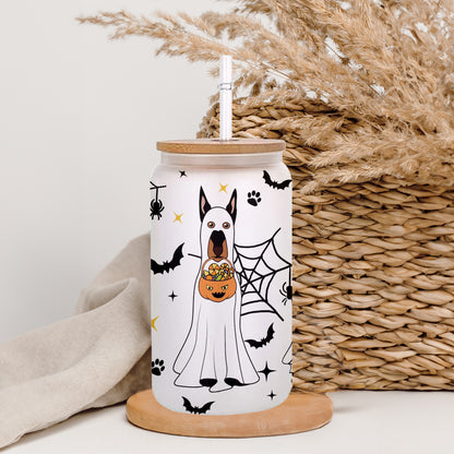 Petthouse | Cute Ghost Dog Coffee Cup, Glass Can Cup With Lid And Straw, Spooky Halloween Dogs Ghost