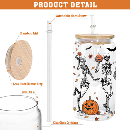 Petthouse | Skeleton Dancing Halloween Glass Can, Skeleton Halloween Iced Coffee Cup, Skeleton Dance Fall