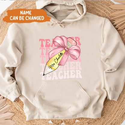 Petthouse | Custom Teacher Pencil Coquette Bow Shirt, Teach Love Inspire Techer Back To School