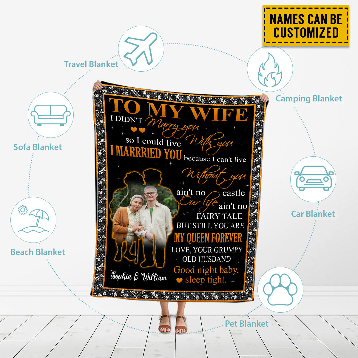 Petthouse | Personalized Name To My Wife Throw Blanket, Wedding Anniversary Blanket, Old Couple Travel Blanket