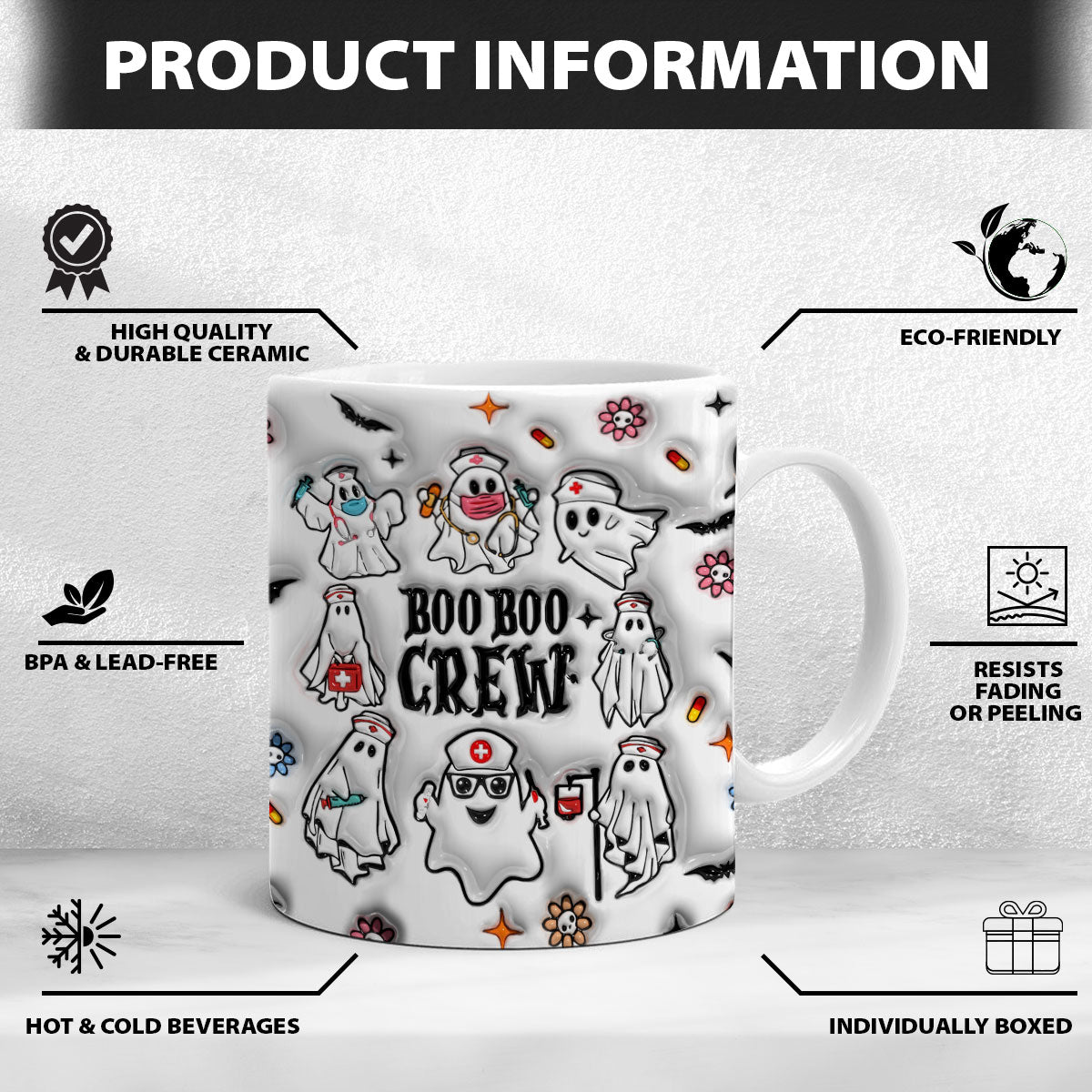 Petthouse | Boo Boo Crew Inflated Effect 3d Mug, Nurse Coffee Mug, Nurse Halloween Mug, Ghost Spooky