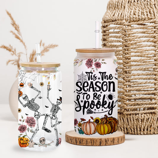 Petthouse | Tis The Season To Be Spooky Glass Can, Skeleton Dancing Spooky Halloween Glass Can