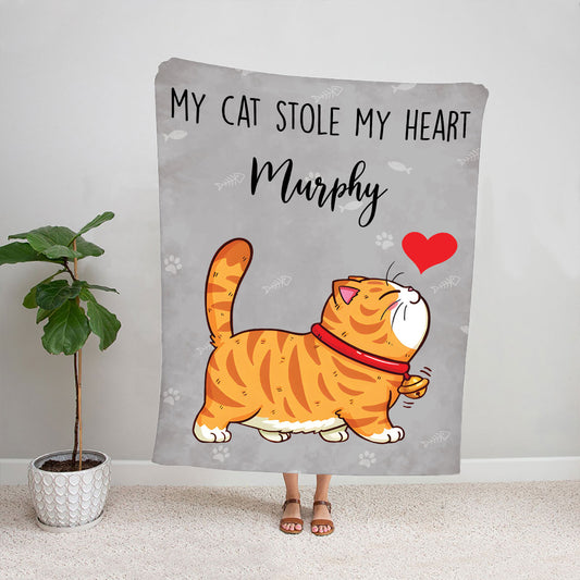 Petthouse | Customized Cat Cartoon Cute Fleece Blanket, My Cat Stole My Heart Throw Blanket, Gift For Cat Lovers