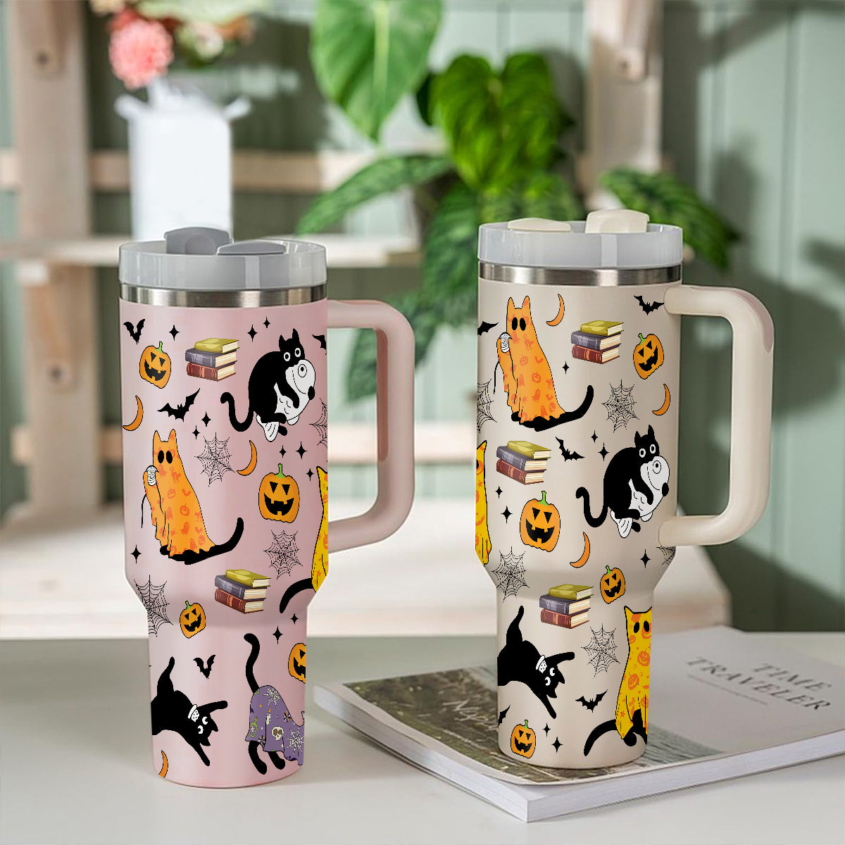 Petthouse | Halloween Ghost Cat 40oz Tumbler, Spooky Black Cat Stainless Steel Tumbler, Cat Spooky Season