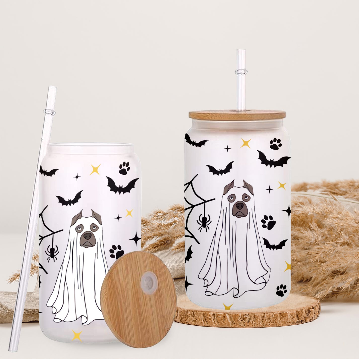 Petthouse | Cute Ghost Dog Coffee Cup, Glass Can Cup With Lid And Straw, Spooky Halloween Dogs Ghost