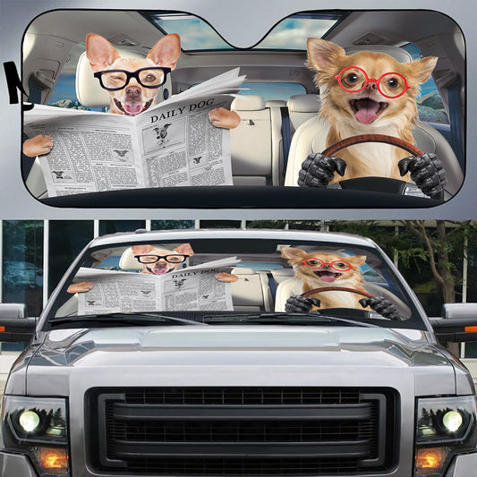 Petthouse | Windshield Sun Shade Funny Chihuahua Reading Newspaper Sunshades For Car Sun Visor For Car