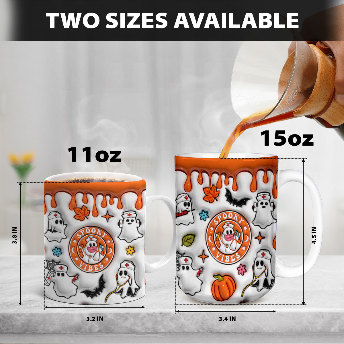 Petthouse | Halloween Ghost Nurse 3d Inflated Effect Printed Mug, Cute Ghost Nurse Spooky Vibes Mug