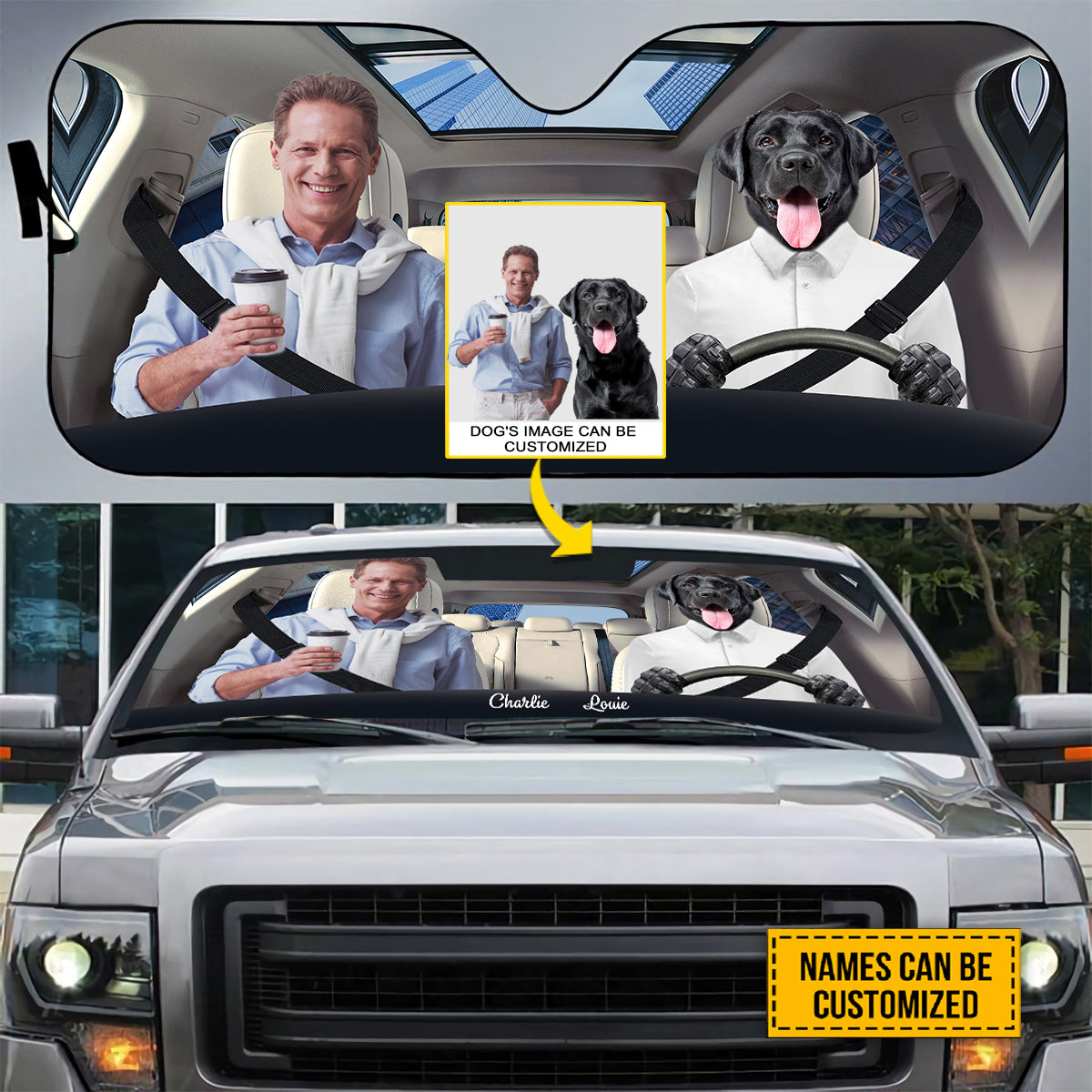 Petthouse | Dog Boss Customized Windshield Sun Shade With Photo Go To Work With Pet Auto Shade Protector Fun