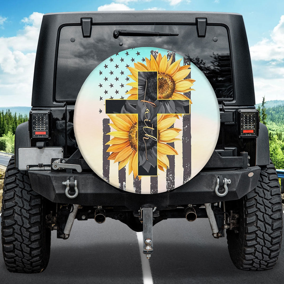 Petthouse | Sunflower Usa Flag God Faith Tire Protector Covers Christian Faith Believer Gifts Spare Tire Cover