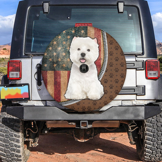 Petthouse | West Highland White Terrier Dog American Flage Vintage Spare Tire Cover Truck Travel Trailer