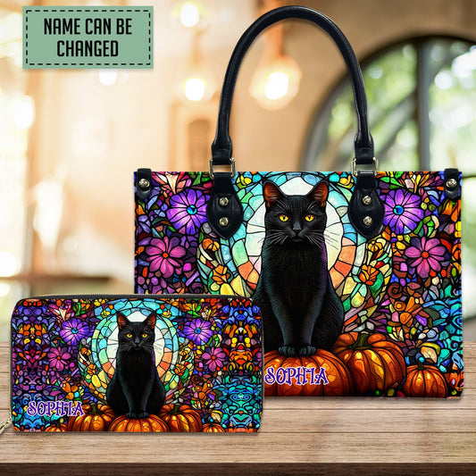 Petthouse | Personalized Black Cat Stained Glass Pattern Halloween Leather Handbag Wallet, Halloween Black Cat Handbag, Halloween Gift