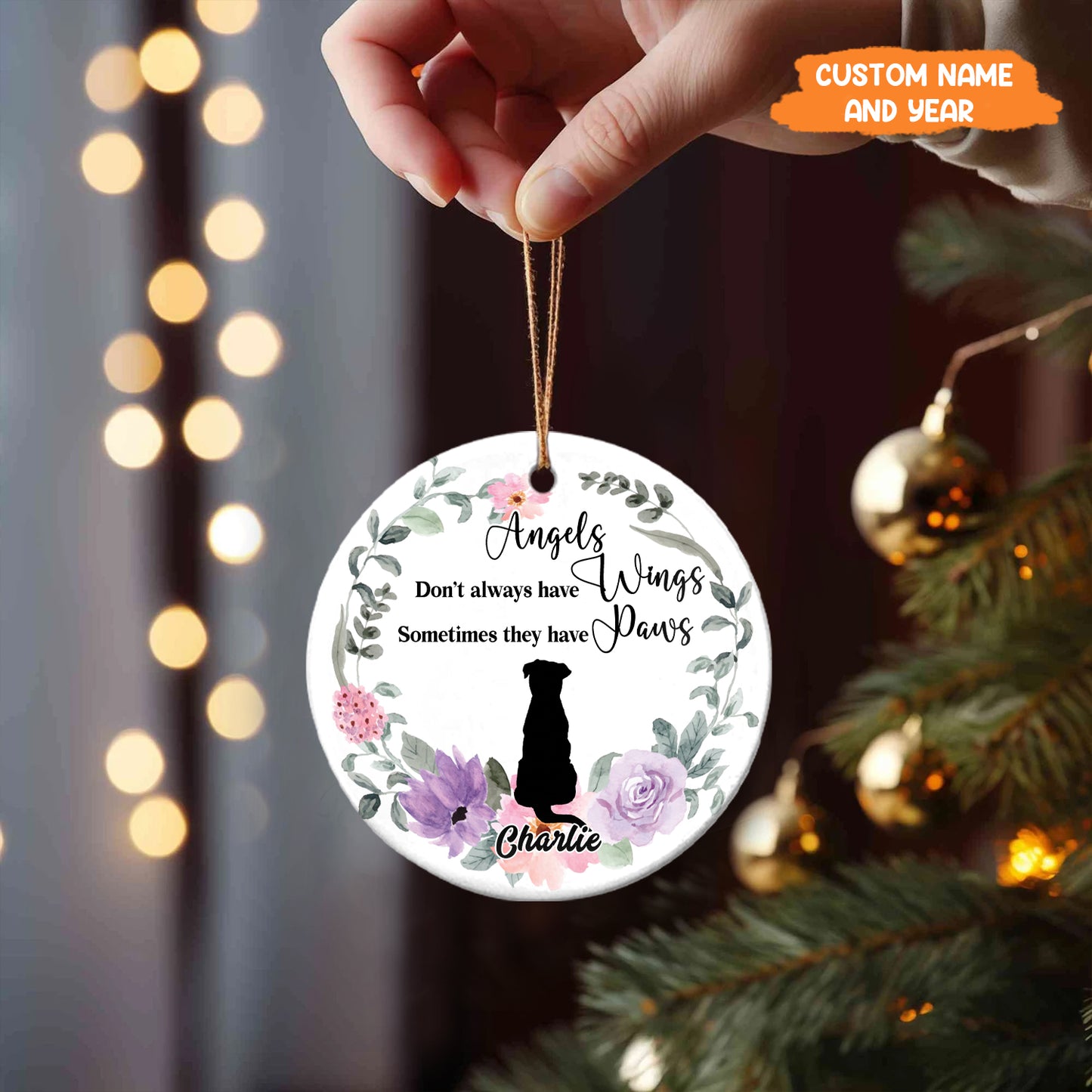 Petthouse | Personalize Dog Ornament, Angel Don't Always Have Wings Some Have Paws, Floral Wreath Dog