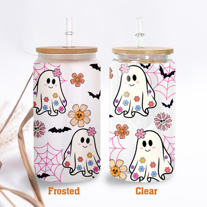 Petthouse | Spooky Ghost Glass Can, Cute Ghost Iced Coffee Glass, Flowers Halloween Glass, Fall Vibes