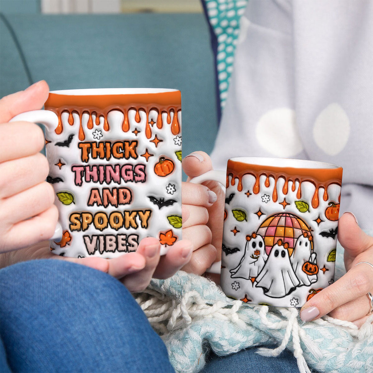 Petthouse | Thick Thighs And Spooky Vibes Skinny Mug, Ghost Spooky 3d Inflated Effect Printed Mug