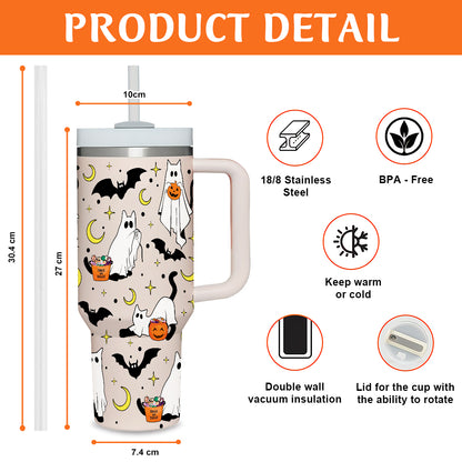 Petthouse | Сute Ghost Cat Tumbler 40oz, Halloween Ghost Cat Tumbler, Spooky Black Cat Stainless Steel Cup, Cat Lovers