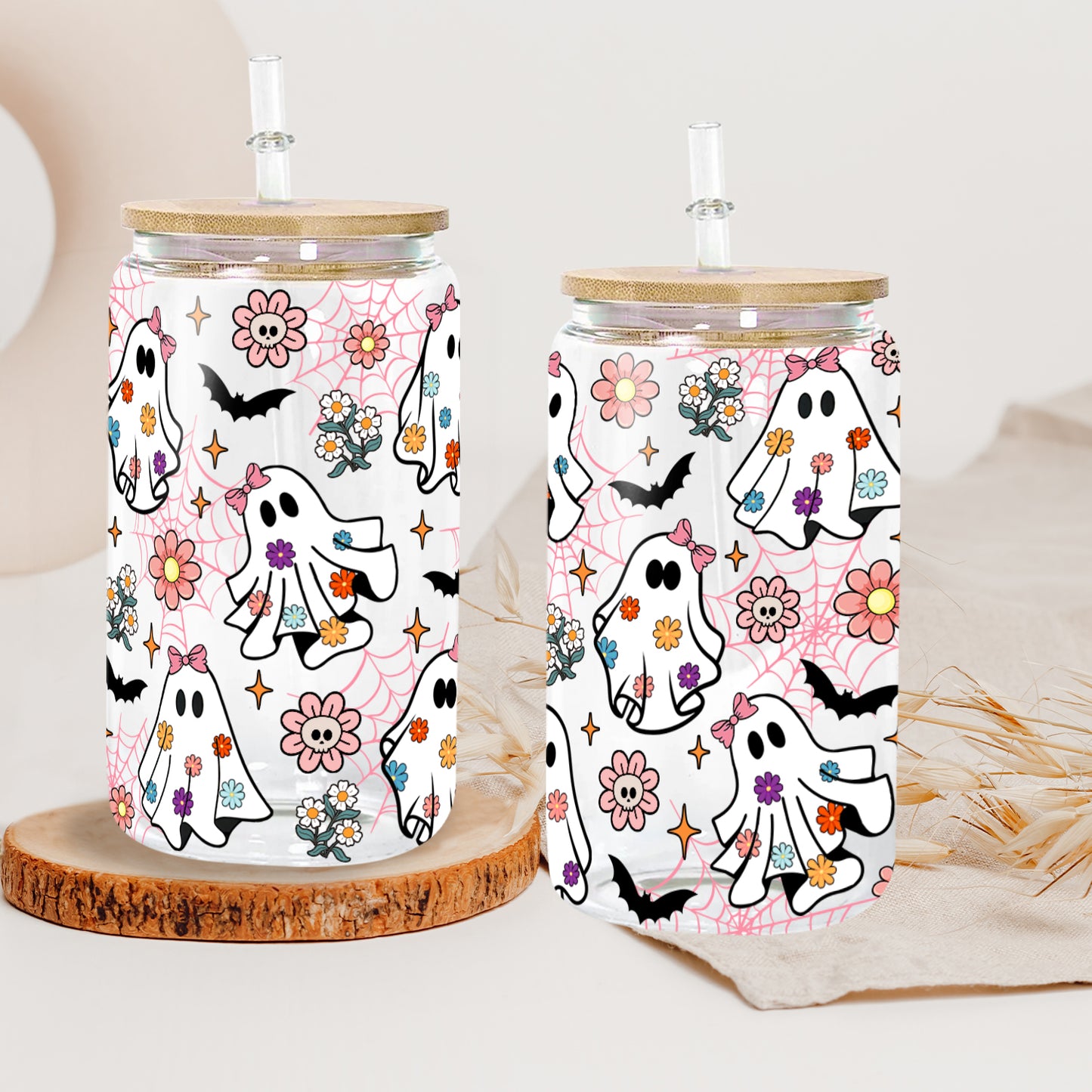 Petthouse | Spooky Ghost Glass Can, Retro Groovy Flowers Ghost Halloween Glass Cup, Ghost Spooky Vibes