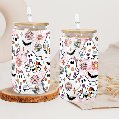 Petthouse | Spooky Ghost Glass Can, Retro Groovy Flowers Ghost Halloween Glass Cup, Ghost Spooky Vibes