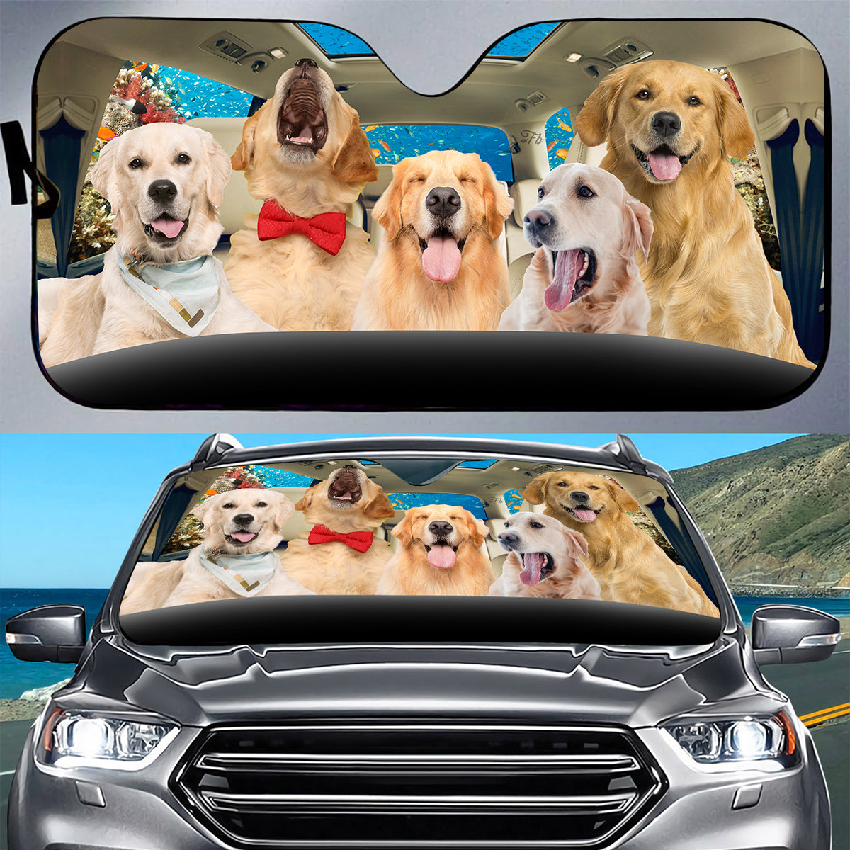 Petthouse | Golden Retriever Under The Sea Car Sun Shade Windshield Sun Visor For Car Windshield