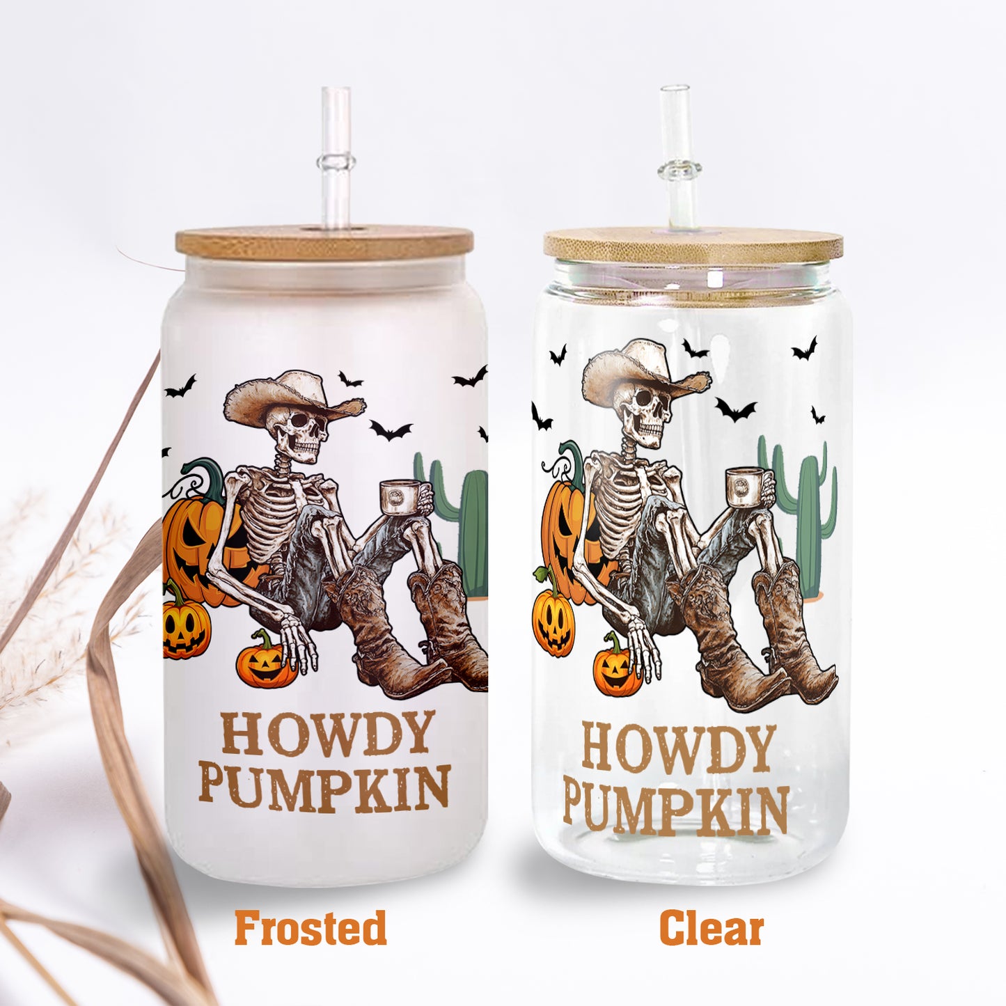 Petthouse | Cowboy Skeleton Drink Coffee Glass Can, Spooky Season, Howdy Pumpkin Glass, Skeleton Libby