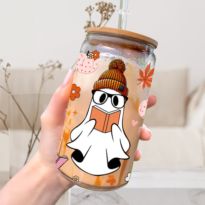 Petthouse | Bookish Ghost Glass Cup, Ghost Reading Pumpkin Fall Vibes Glass Can, Ghost Boo Reader Cup