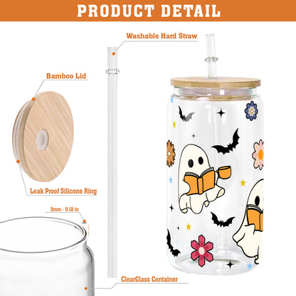 Petthouse | Halloween Ghost Book Lover Can Glass Wrap, Ghost Reading Glass Can, Funny Halloween Libbey Glass