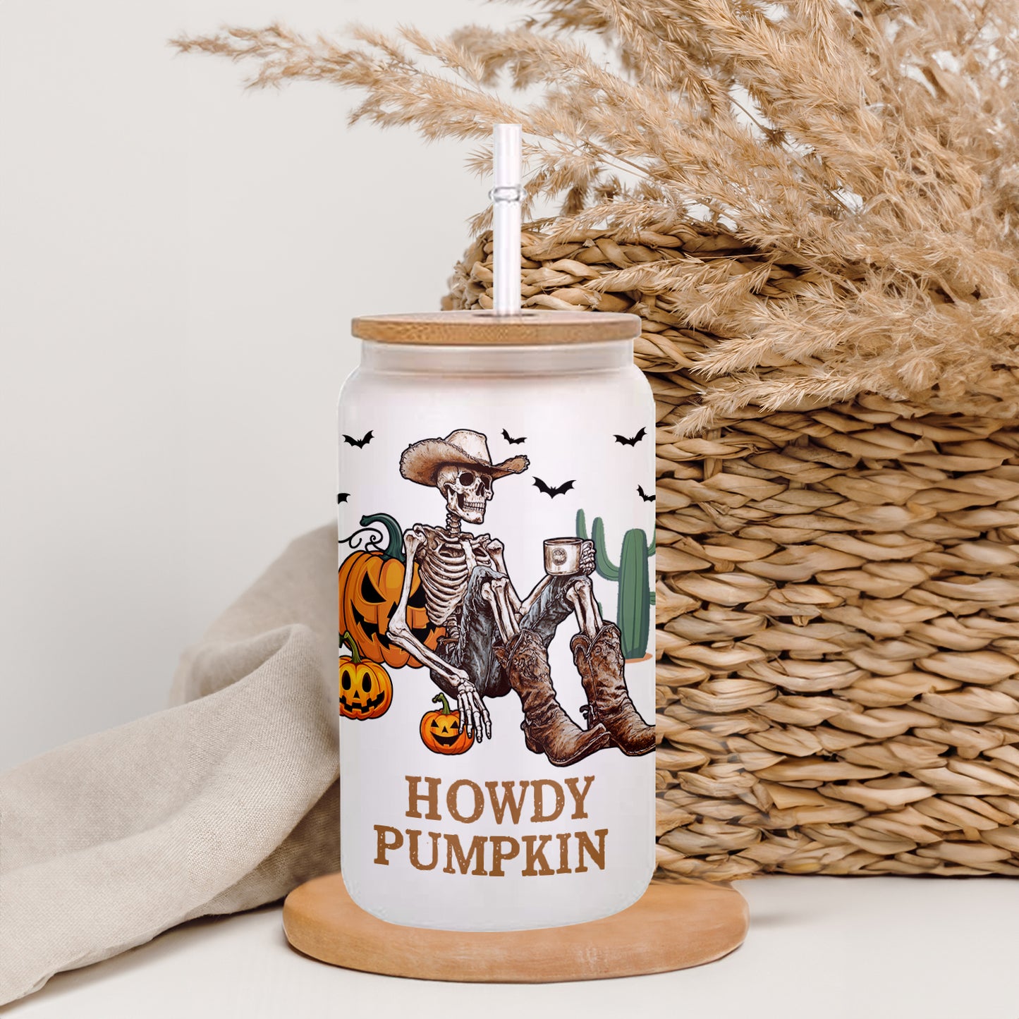 Petthouse | Cowboy Skeleton Drink Coffee Glass Can, Spooky Season, Howdy Pumpkin Glass, Skeleton Libby