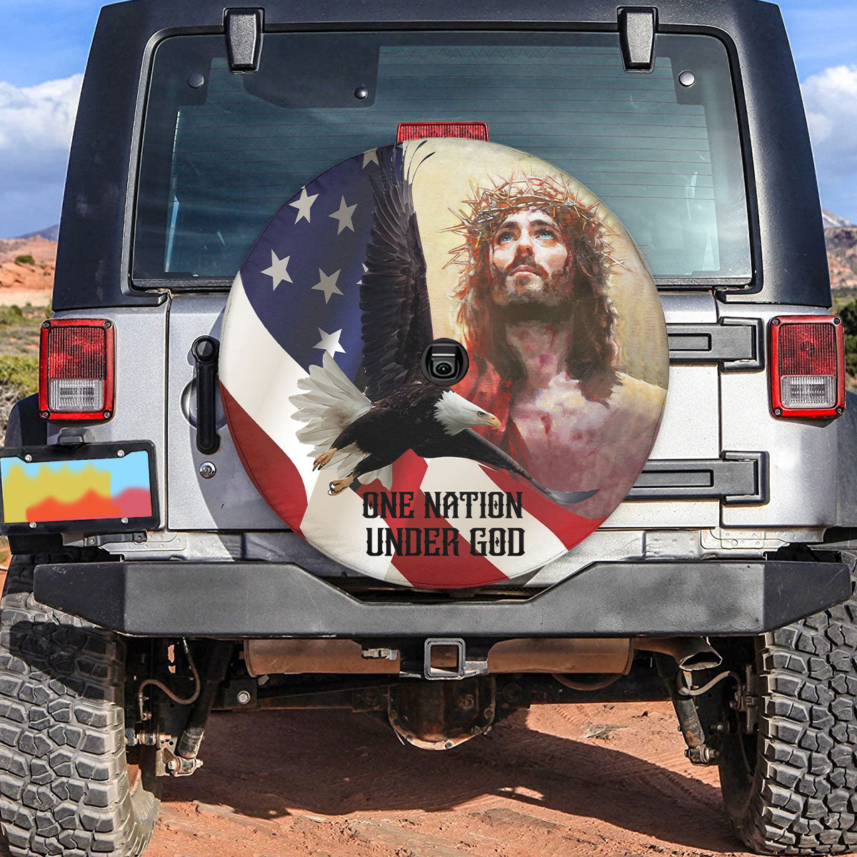 Petthouse | Jesus Watercolor Art Durable Tire Protector Faith Gift One Nation Under God Spare Tire Cover