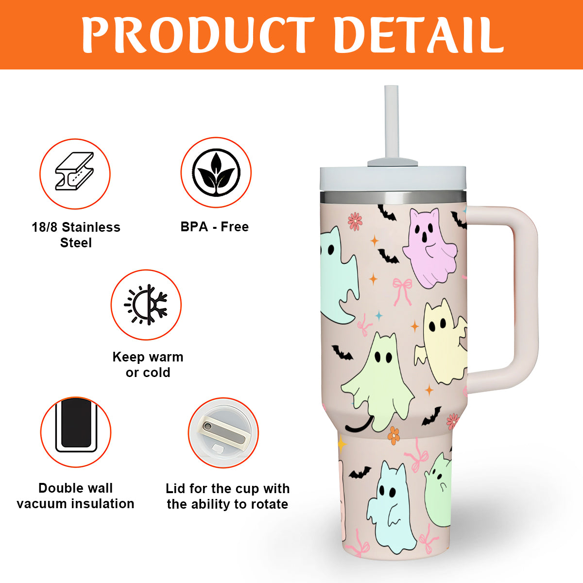 Petthouse | Cute Ghost Cats Halloween 40Oz Tumbler, Ghost Cat Stainless Steel Tumbler, Cat Ice Coffee Cup