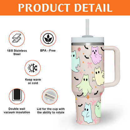 Petthouse | Cute Ghost Cats Halloween 40Oz Tumbler, Ghost Cat Stainless Steel Tumbler, Cat Ice Coffee Cup