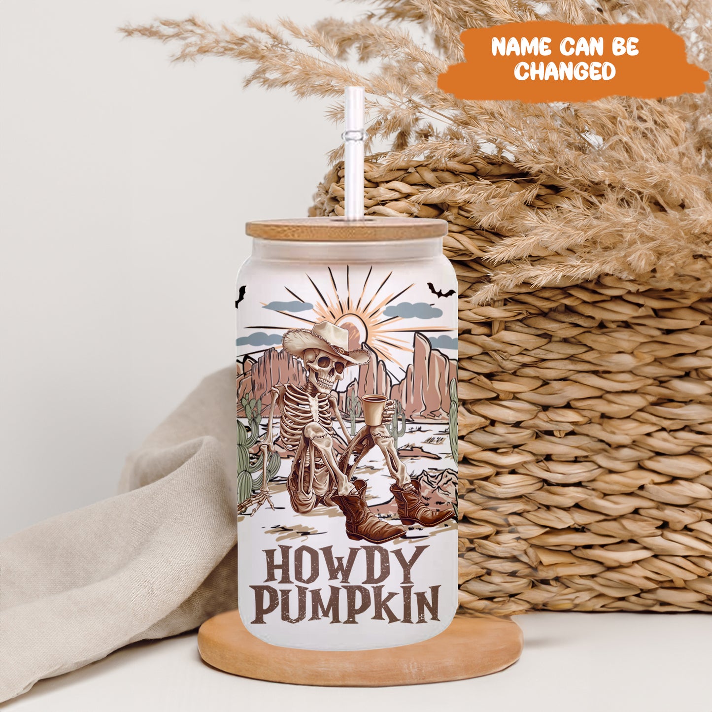 Petthouse | Personalized Skeleton Cowboy Howdy Pumpkin Glass Can, Western Cowboy Coffee Cup, Spooky Skeleton