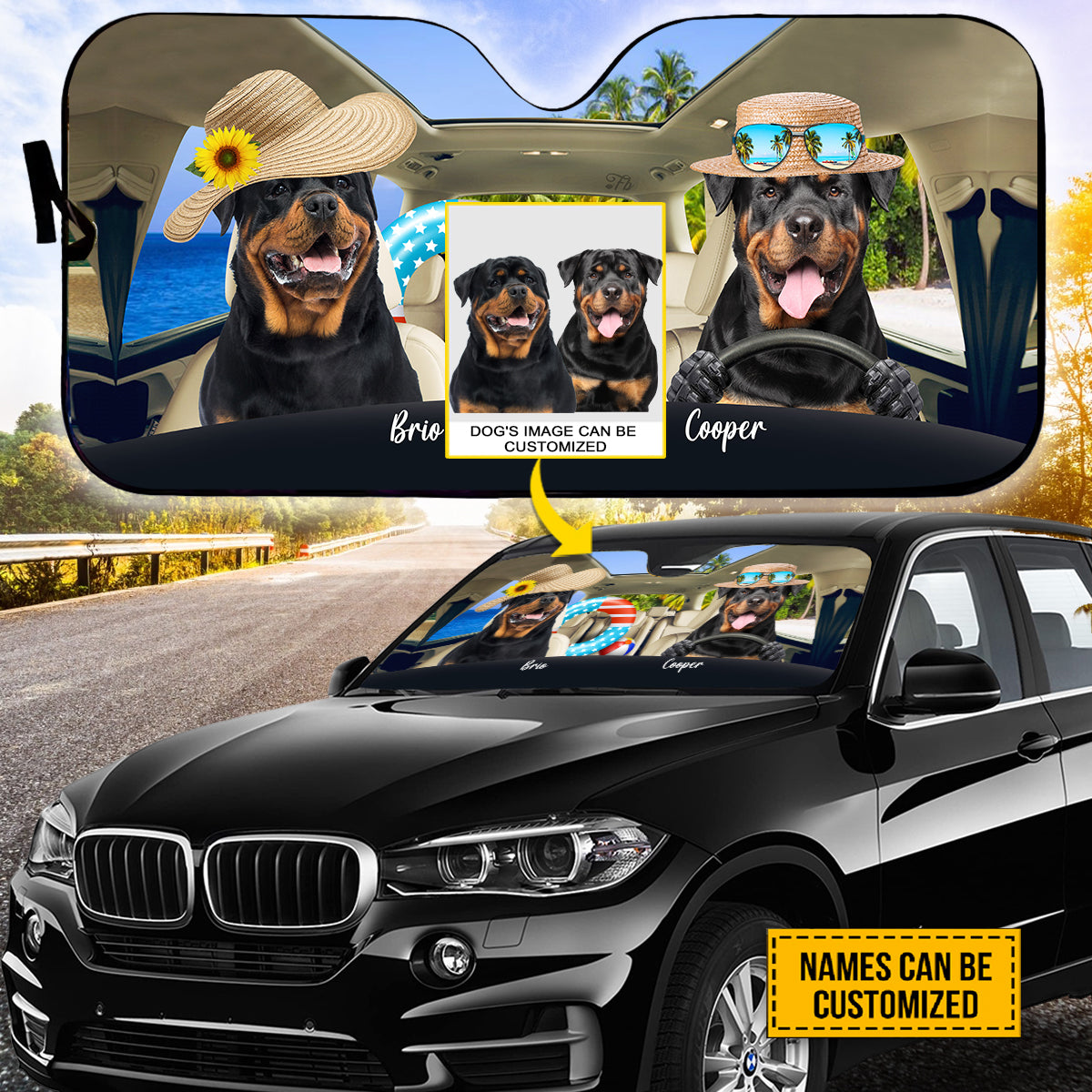 Petthouse | Rottweiler Go To Beach Sunshade For Car Window Custom Photo Windshield Sun Shade Dog Sunshade