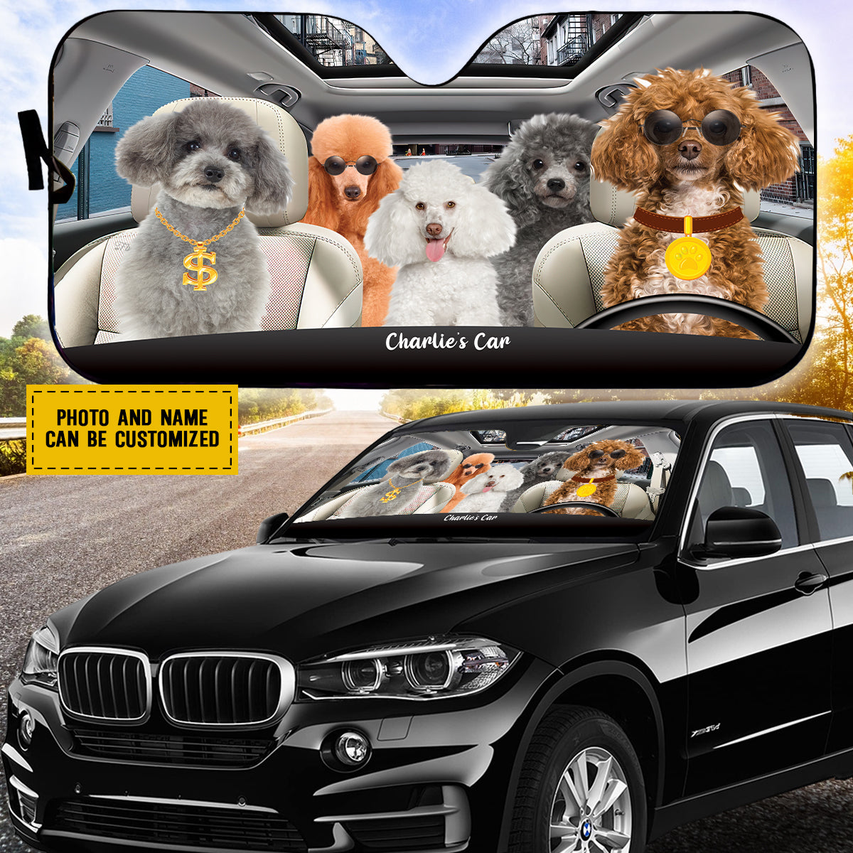 Petthouse | Poodle Rich Dog Sunshade Funny Windshield Cover For Dog Mom Dog Dad Personalized Sunshade For Car