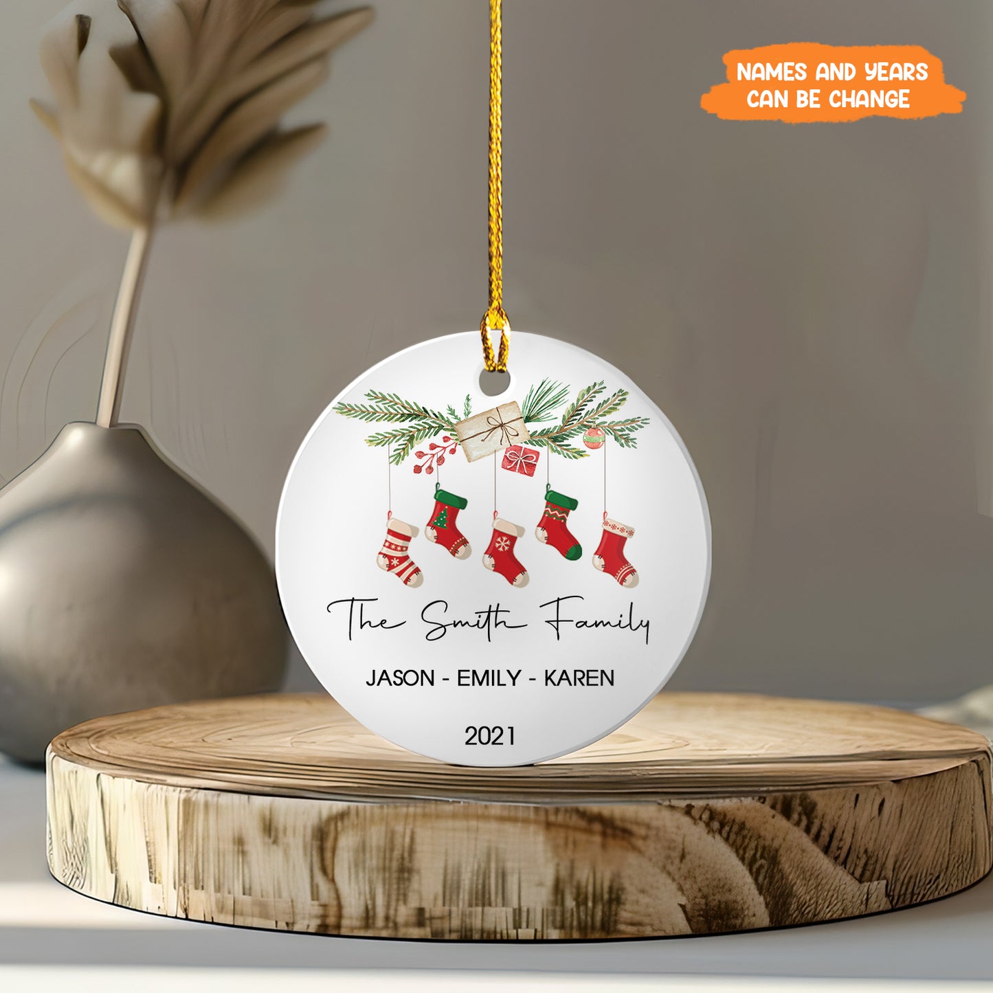 Petthouse | Personalized Family Christmas Ornament, Stockings Family Keepsake, Xmas Ceramic Ornament