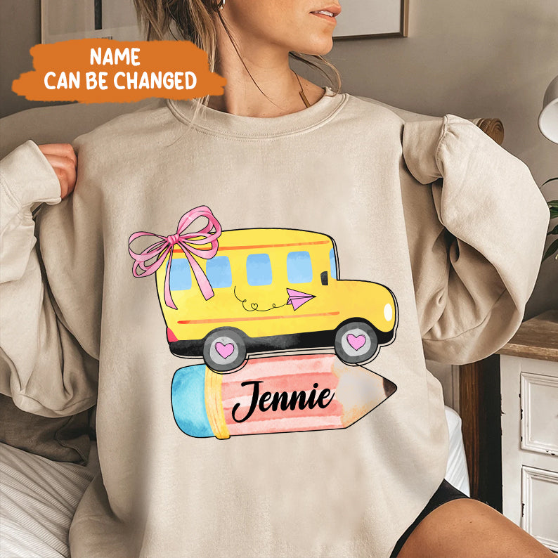 Petthouse | Personalized School Bus With Name Bow Shirt, Coquette Back To School Shirt, School Girl