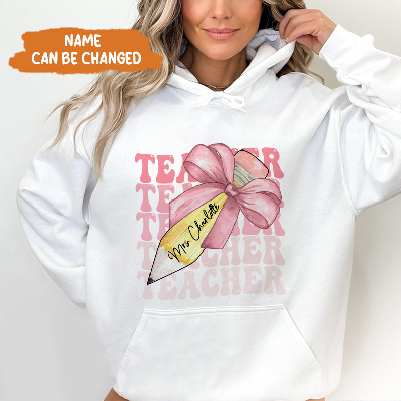 Petthouse | Custom Teacher Pencil Coquette Bow Shirt, Teach Love Inspire Techer Back To School