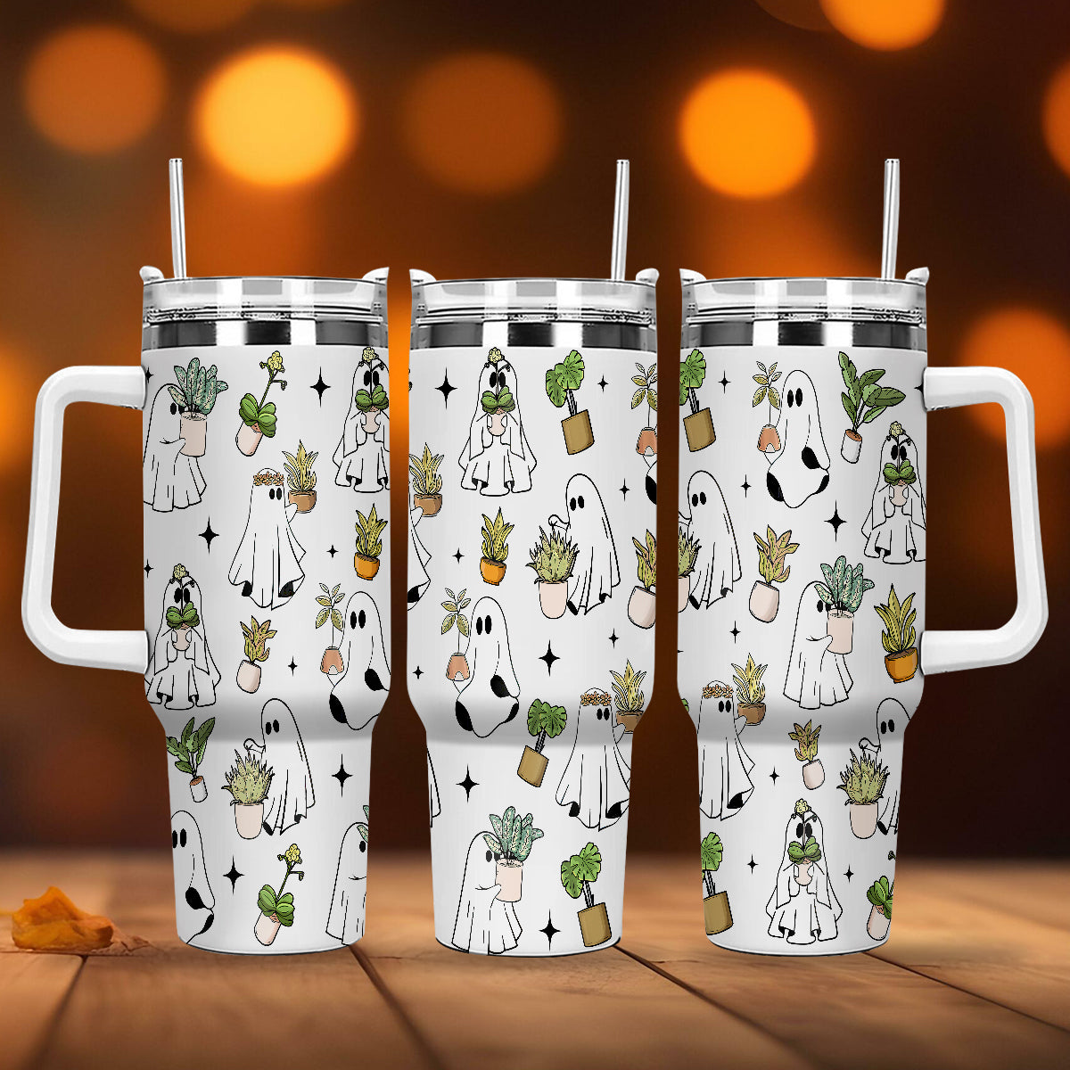 Petthouse | Ghost Plant Lady 40oz Tumbler With Handle, Ghost Plant, Halloween Ghost Plant Coffee