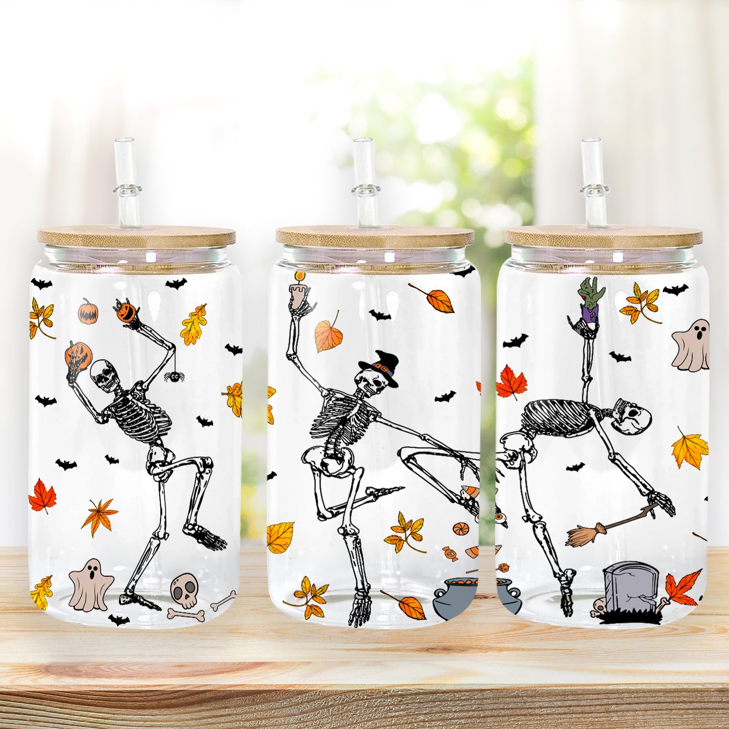 Petthouse | Personalized Halloween Dancing Skeleton Glass Can, Lover Gift Skeleton, Spooky Season Gift