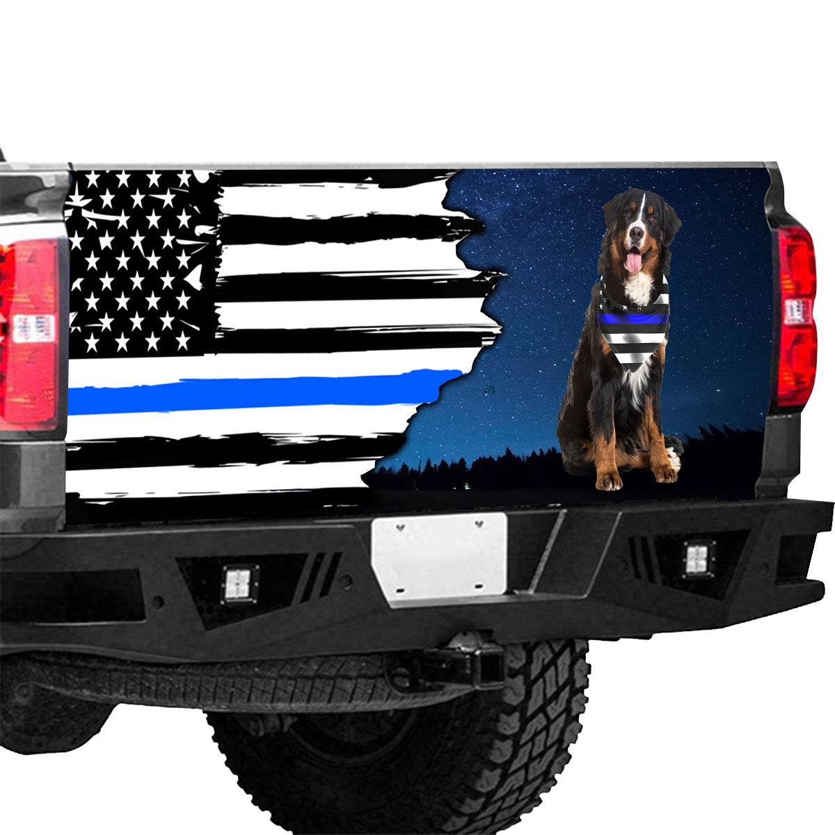 Petthouse | Tailgate Wrap Police Bernese Mountain The Thin Blue Line Tailgate Wrap US Flag Truck Tailgate